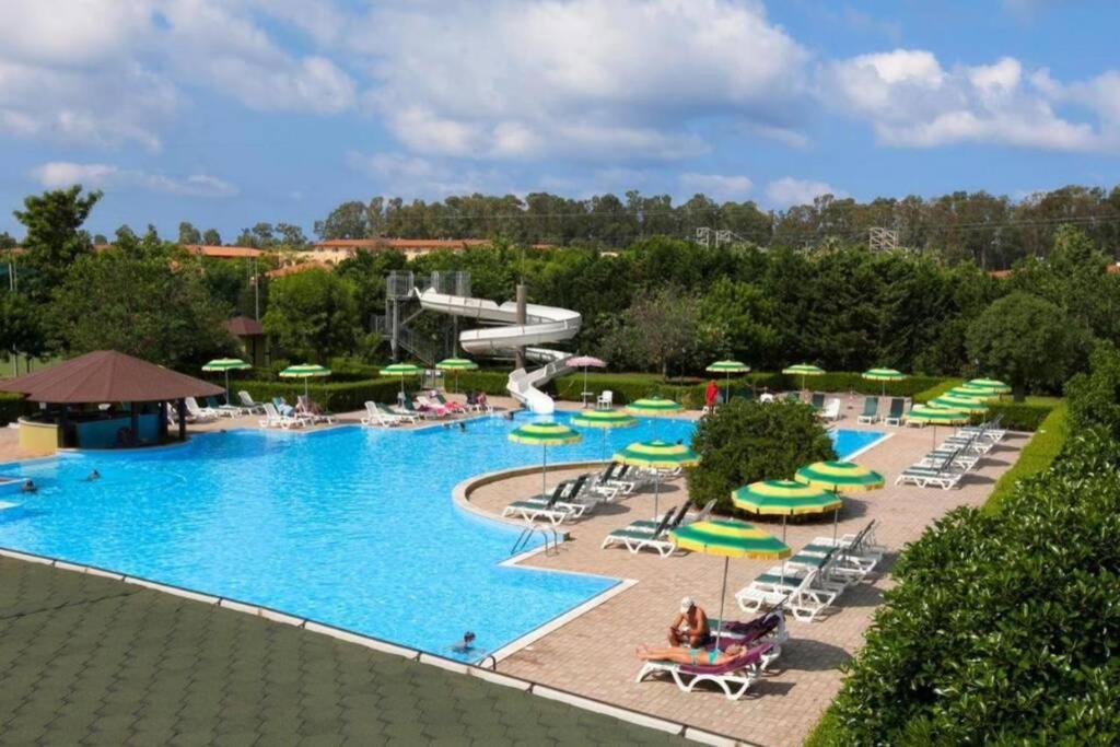 une grande piscine avec des chaises et des parasols dans l'établissement Pizzo beach club 165G, à Pizzo