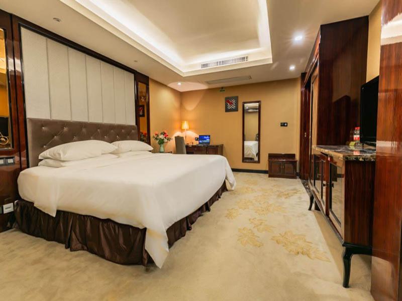 een grote slaapkamer met een groot bed en een televisie bij Vienna International Hotel Changsha Shengfujinfang in Changsha