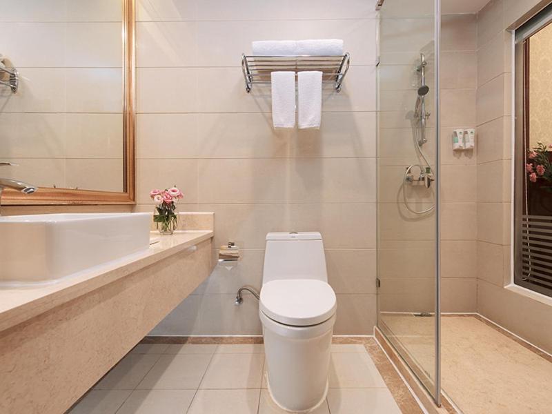 W łazience znajduje się toaleta, umywalka i prysznic. w obiekcie Vienna Hotel Zhongshan XiaoLan w mieście Zhongshan