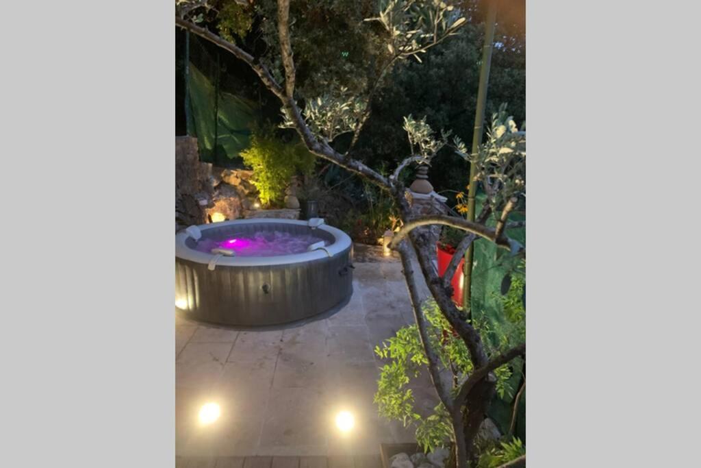 una vasca idromassaggio nel mezzo di un giardino di notte di Les clapiers appartement avec jacuzzi et rivière. a Mialet