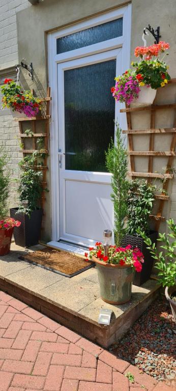 a door with two potted plants and flowers on it at Beach Cottage in Shanklin