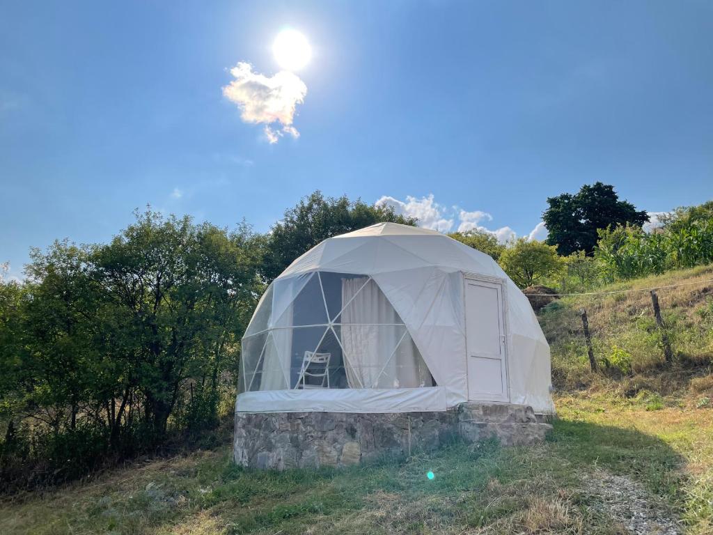 a dome tent in a field with the sun in the sky at Yenokavan Glamping in Ijevan