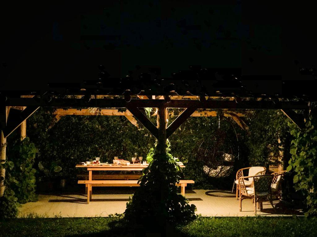 una mesa de picnic en un jardín por la noche en ,,Anna's" Guesthouse, en Nizhniy Alvani