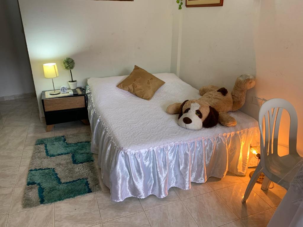 un lit avec un ours en peluche posé sur lui dans l'établissement Apartamentos y Estudios Manga Real, à Carthagène des Indes