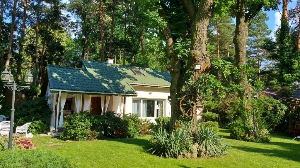 biały dom z drzewem na podwórku w obiekcie Fort Janowek w mieście Janówek