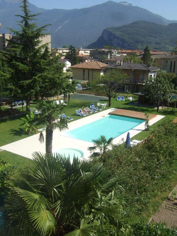 a large swimming pool with a palm tree next to it at Villa Dina in Riva del Garda