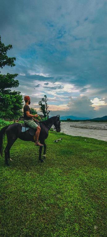 a person riding a horse on the grass at Nature Care Village Farmstay- Rajaji National Park in Rishīkesh