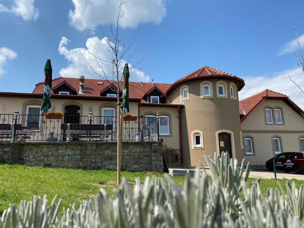 une grande maison avec un drapeau devant elle dans l'établissement Pizzerie Jasany, à Nový Šaldorf-Sedlešovice