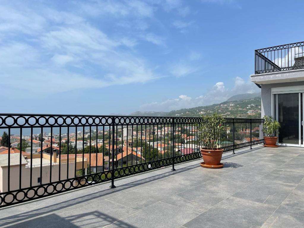 a balcony with a black fence and potted plants at Villa Roki in Ravanj