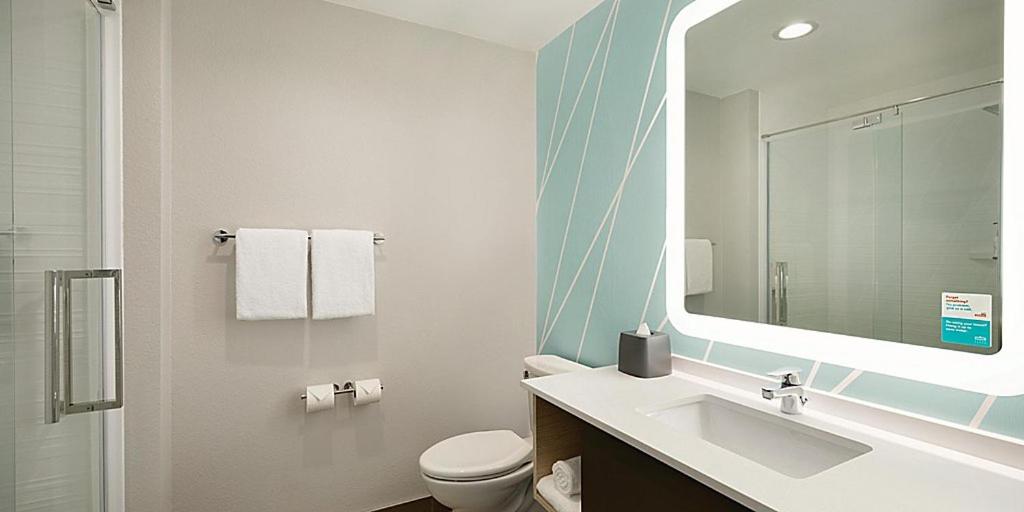 a bathroom with a sink and a toilet and a mirror at avid hotels - Millsboro - Georgetown South, an IHG Hotel in Millsboro