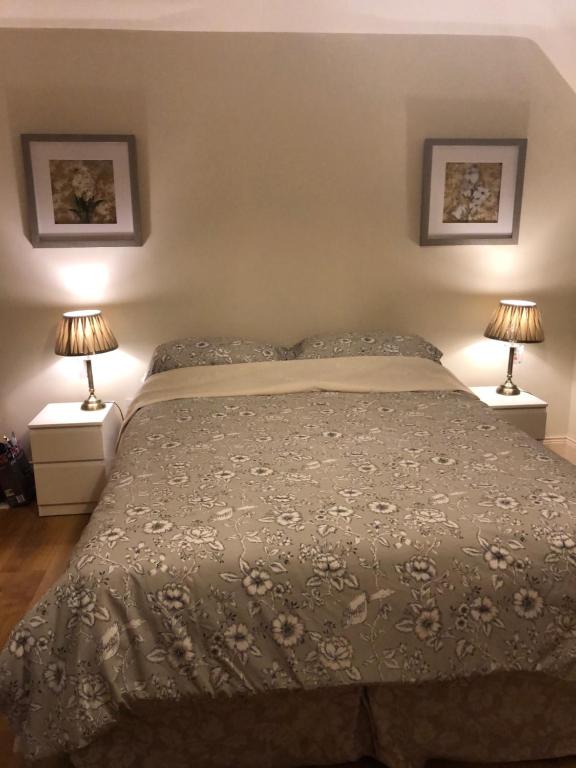 a bedroom with a bed with two lamps on both sides at 7B Riverside Villas in Kenmare