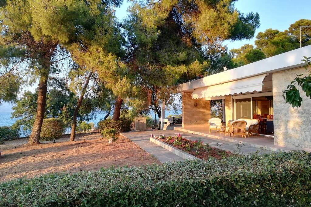una casa con patio y patio en Pine tree beachfront villa, en Drosiá