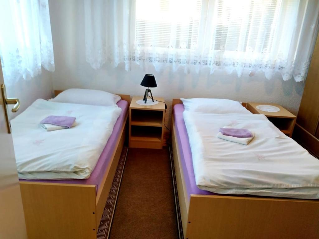 2 camas individuales en una habitación con ventana en APARTMAN PAVELIĆ, en Lovinac