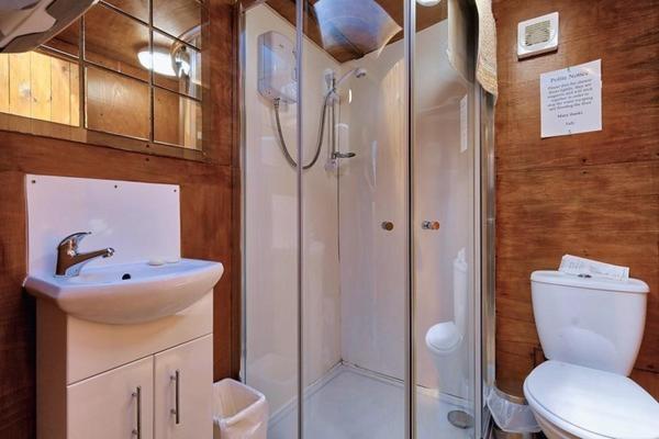 a bathroom with a shower and a toilet and a sink at The Dainty Den in Twitchen