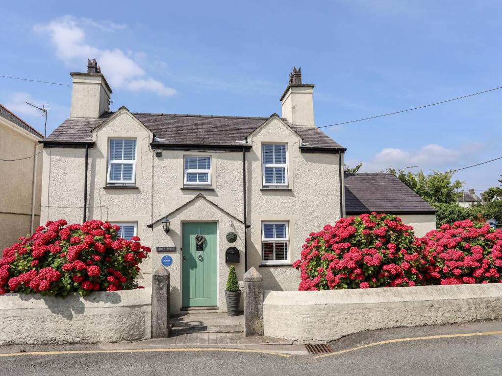 una casa con una porta verde e fiori rosa di Bryn Peris a Moelfre