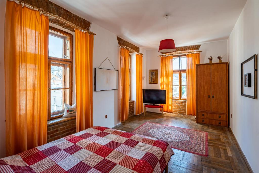 a bedroom with a bed and some windows and a tv at Historical Center of Lviv in Lviv