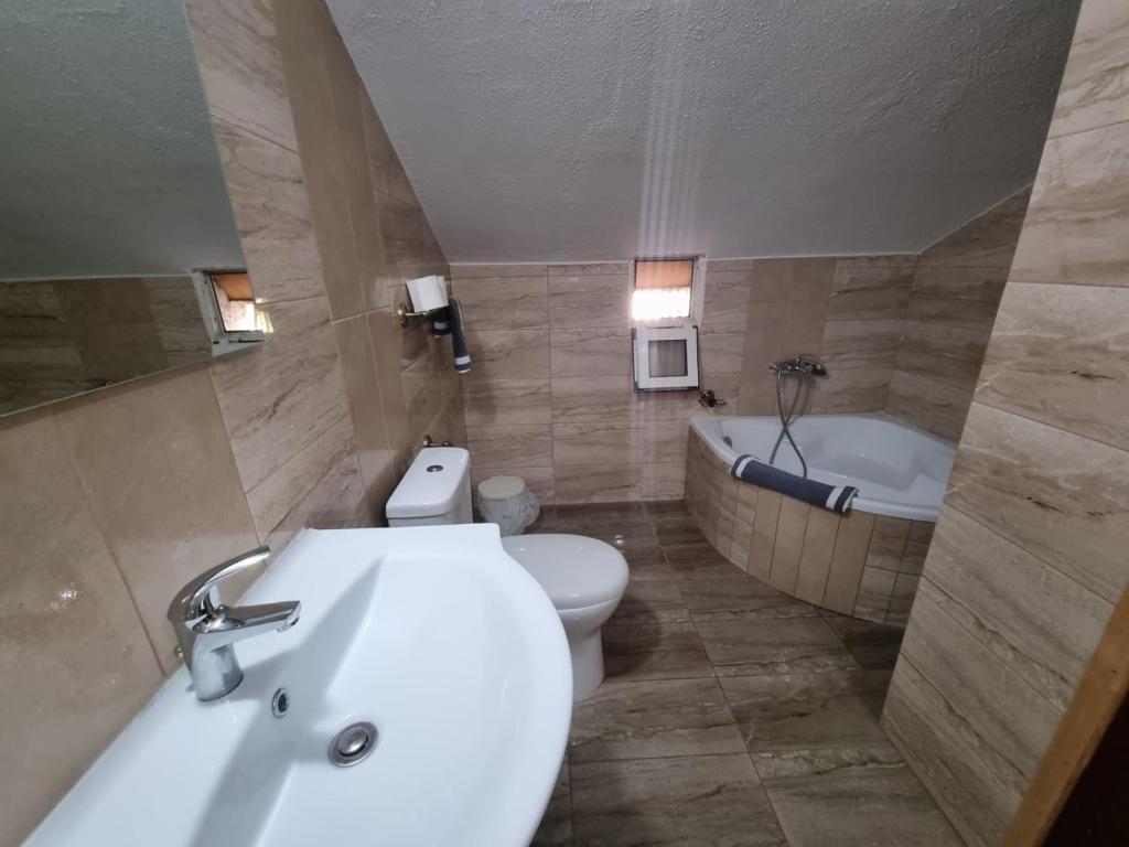 a bathroom with a sink and a toilet and a tub at Parthenis Riviera Hotel in Athens