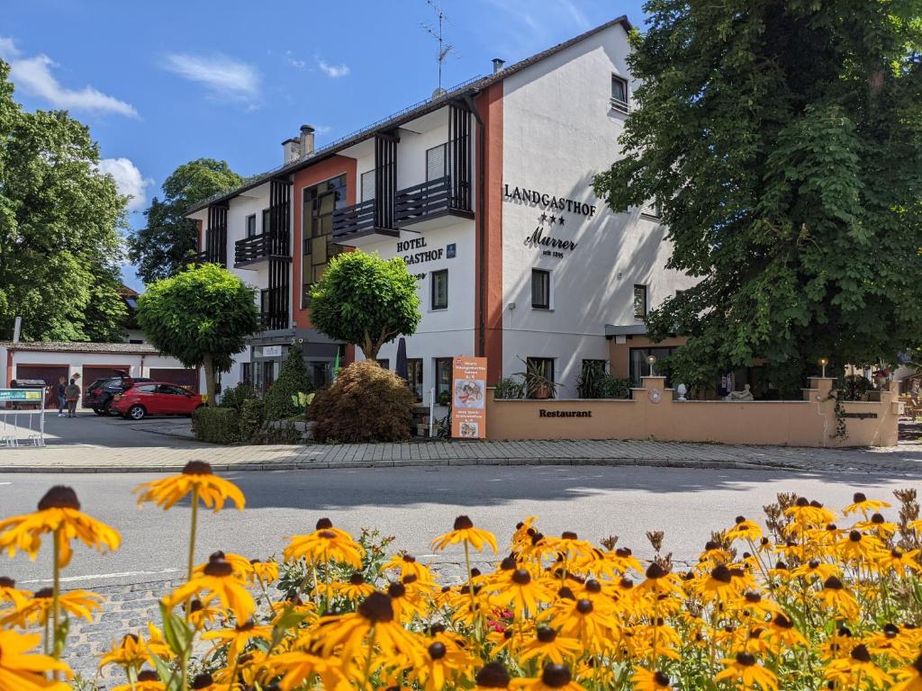 un grupo de flores amarillas frente a un edificio en AKZENT Hotel Landgasthof Murrer, en Straubing