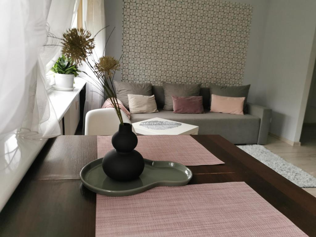 un vase assis sur une table dans un salon dans l'établissement Dworcowa przy basenie, à Olsztyn