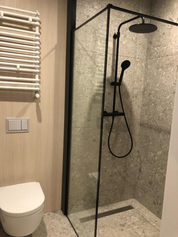 科沃布熱格的住宿－Apartament Nautica，浴室设有玻璃淋浴间和卫生间