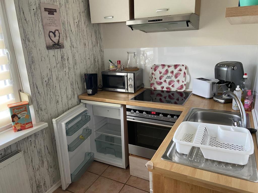 eine kleine Küche mit einer Spüle und einer Mikrowelle in der Unterkunft Ferienhaus Rohde - Dargun am Waldeck in Dargun