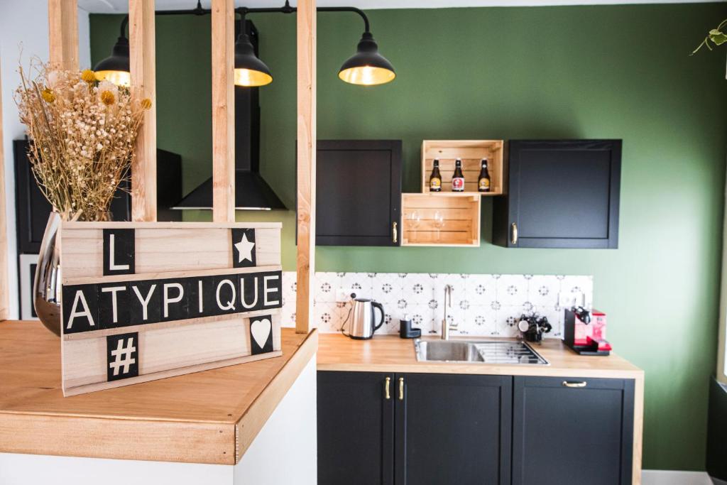 eine Küche mit schwarzen Schränken und einer grünen Wand in der Unterkunft L'Atypique, charmante maison avec jardin clos in Amboise