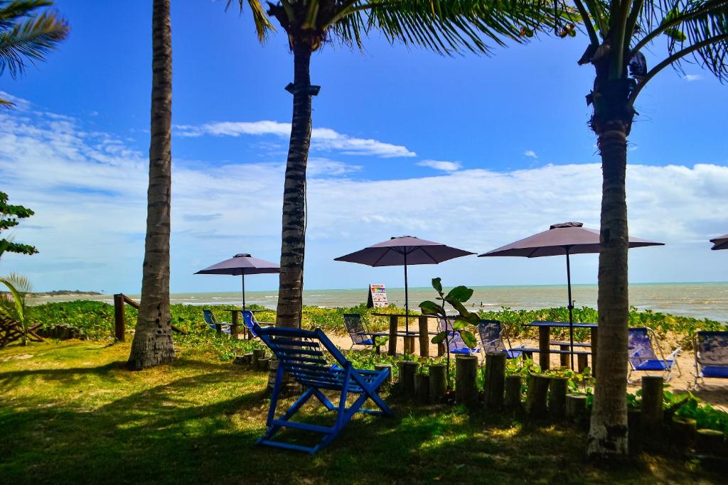 a blue chair sitting on the beach with palm trees at Pousada Das Cores in Cumuruxatiba
