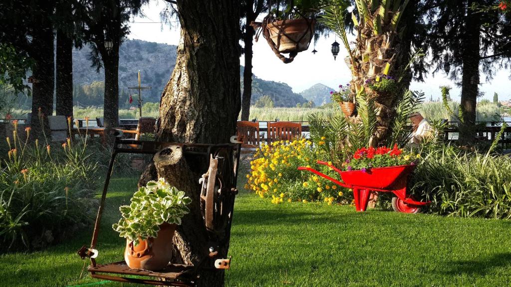 un giardino con albero e un carretto rosso con fiori di Hotel Happy Caretta a Dalyan