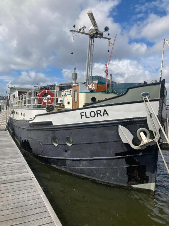 a large boat is docked at a dock at MPS Flora in Amsterdam
