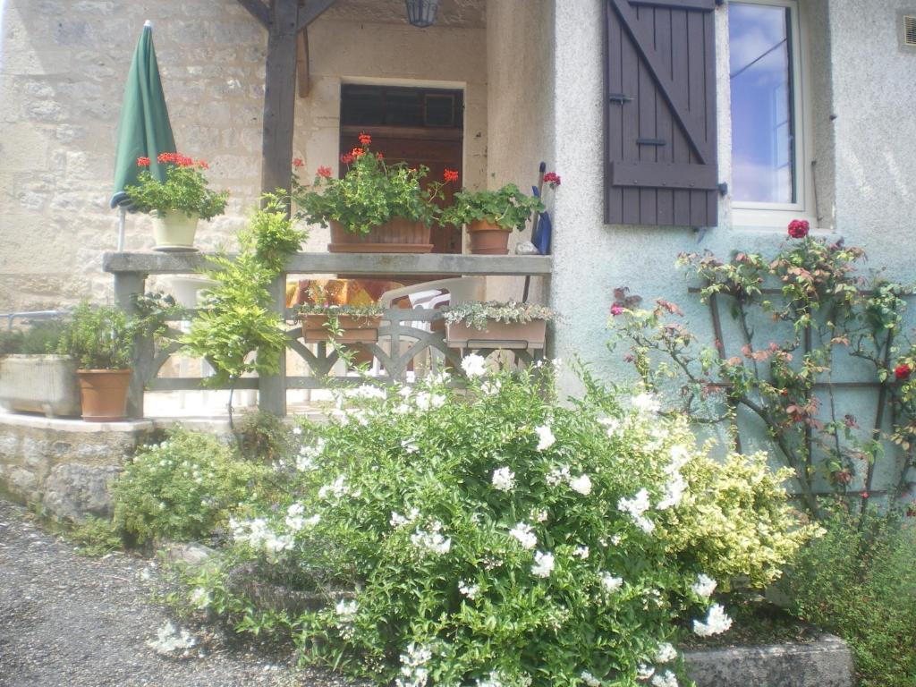 ein Haus mit Topfpflanzen nebeneinander in der Unterkunft Maison de campagne MONTCUQ en Quercy Blanc in Montcuq
