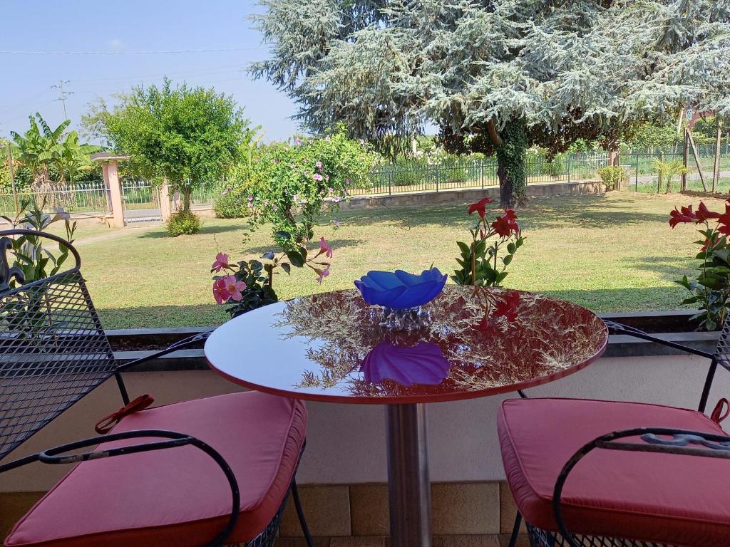 a table and chairs on a porch with a view of a park at B & B Cedro Argentato in Legnago