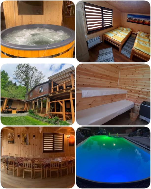 four different pictures of a house and a pool at Sárkánytanya-Hanul Dragonului in Sicasău