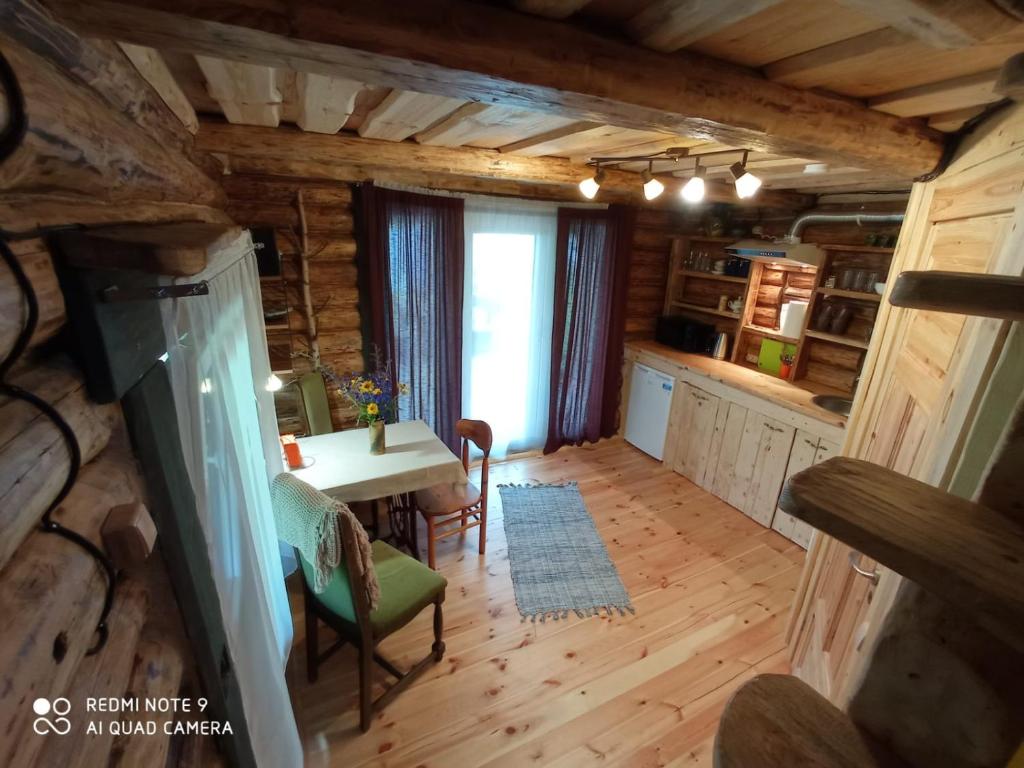 a kitchen with a table and a dining room at KUNDZINIŠĶI in Leitāni