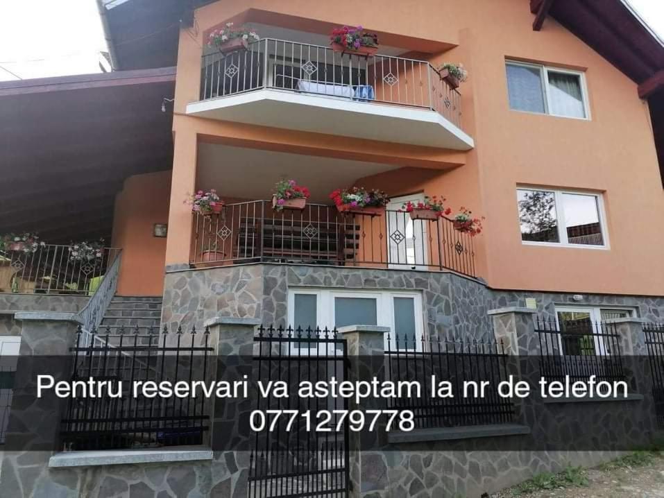 a house with a balcony with flowers on it at Casa Larisa in Vişeu de Sus