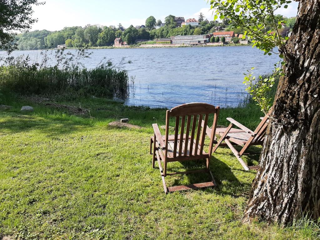 a wooden chair sitting in the grass next to a lake at Ferienwohnung Elbblick in Hohnstorf