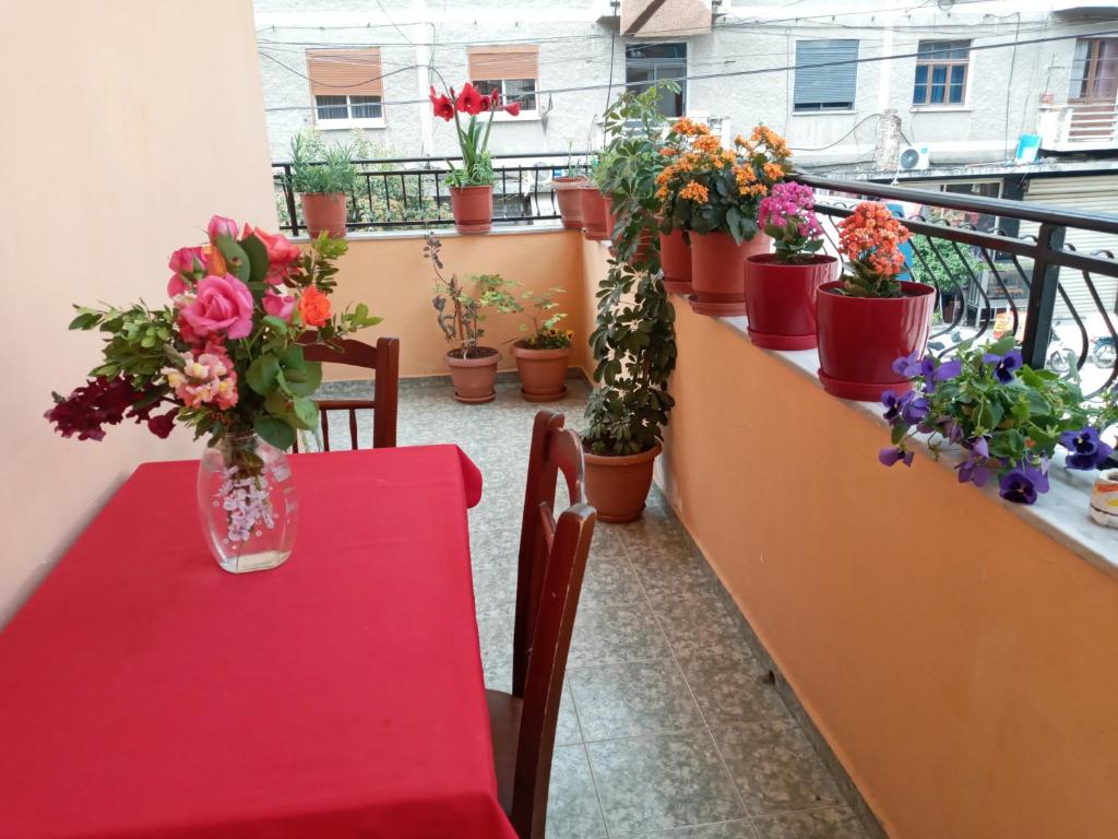 a red table with flowers on a balcony with potted plants at Unejs Apartment in Berat