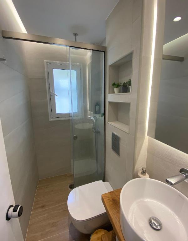 łazienka z prysznicem, toaletą i umywalką w obiekcie Corfu, Glyfada, Sea la vie apartment w mieście Glifada
