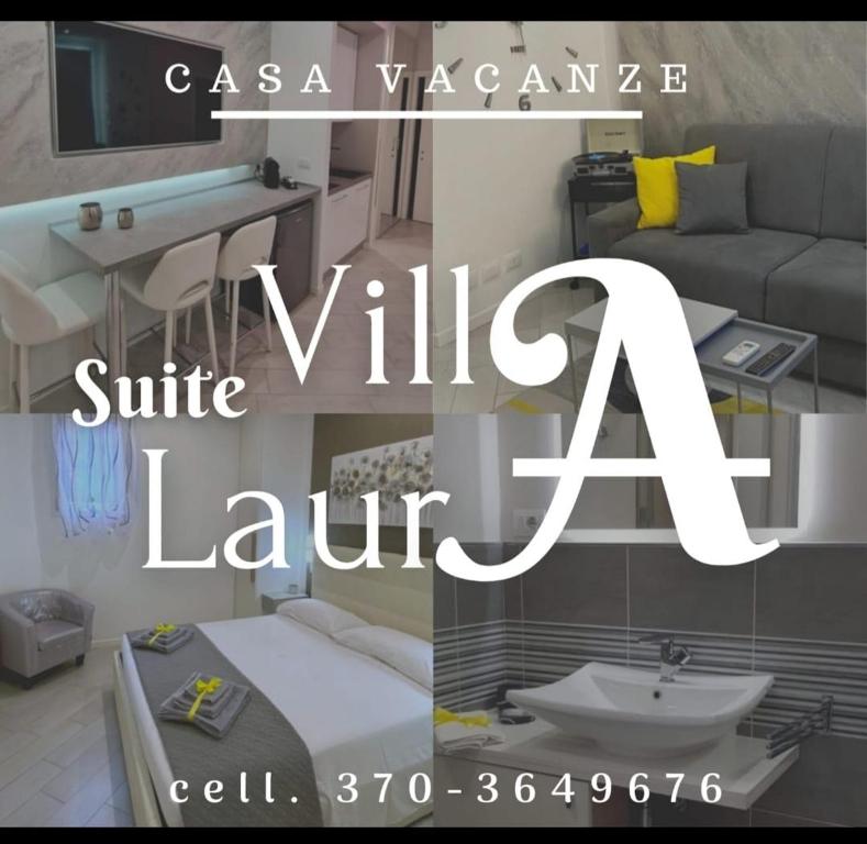 - un collage d'une chambre avec un canapé et un lavabo dans l'établissement SUITE VILLA LAURA, à Bologne