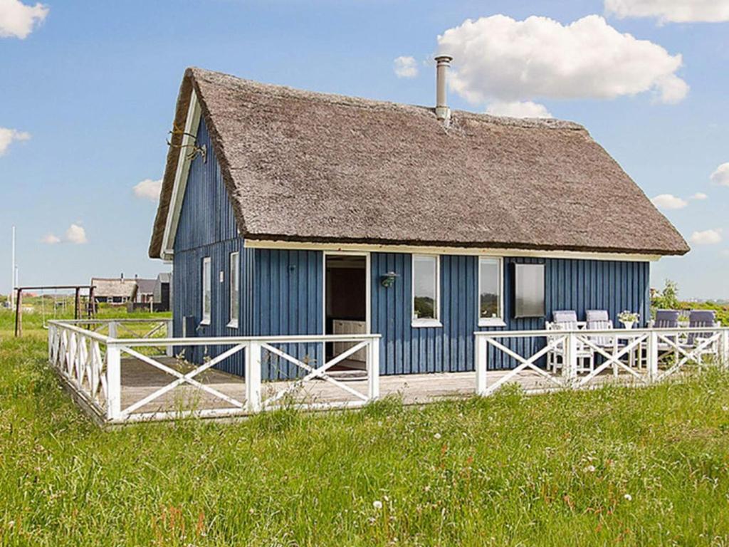 a blue house with a roof in a field at 4 person holiday home in Harbo re in Harboør