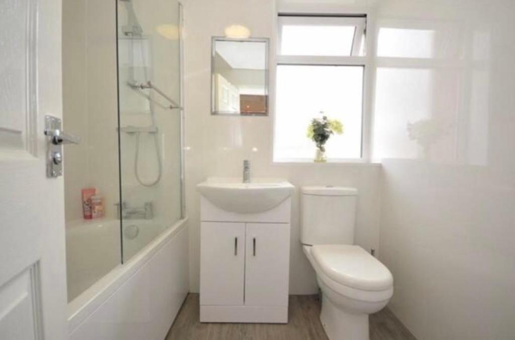 a white bathroom with a toilet and a sink at Helensburgh homely accommodation in Helensburgh