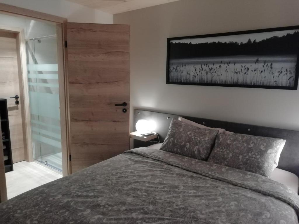 マルメディにあるLu ptite cwane dol Lydieのベッドルーム1室(ベッド1台付)、スライド式ガラスドアが備わります。