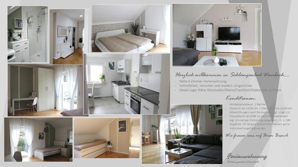 a collage of photos of a bedroom and a living room at Schöne 4-Zimmerwohnung, Schlangenbad bei Wiesbaden/Mainz/FFM in Schlangenbad