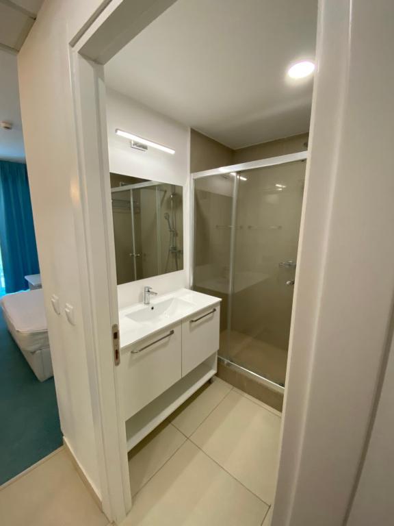 a bathroom with a white sink and a shower at Gabriela Blaxy Apartamente in Olimp