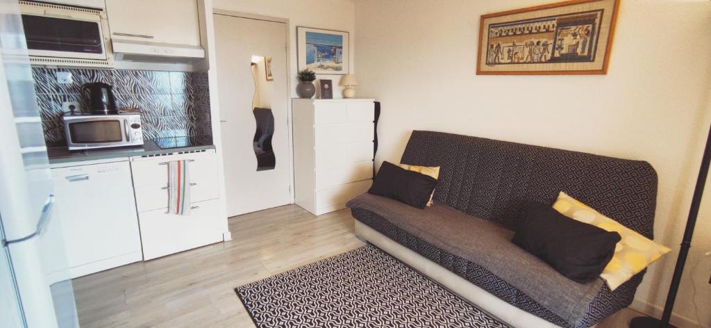 pequeña sala de estar con sofá y cocina en Les Marines d'Agay Studio climatisé en Saint-Raphaël