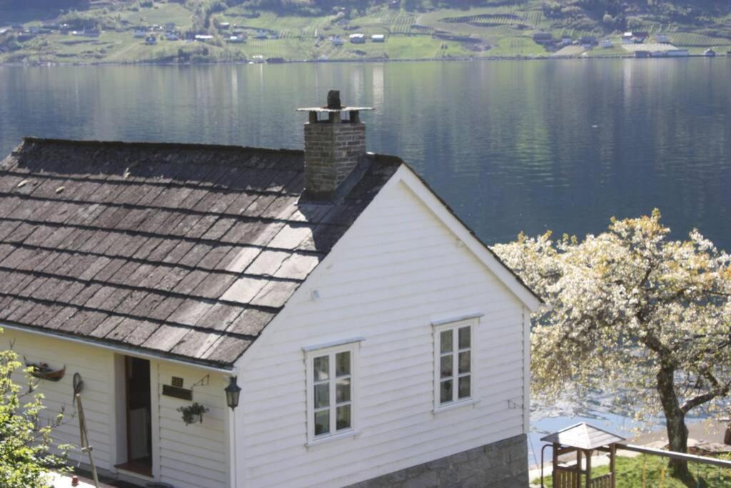 ein weißes Haus neben einem Wasserkörper in der Unterkunft Drengastova Hardangerfjord in Lofthus