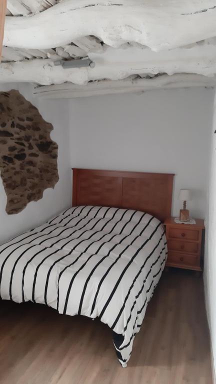 1 dormitorio con 1 cama y suelo de madera en Casa Rocio, en Capileira