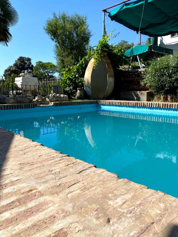 a swimming pool with blue water in a yard at Casa Rural Arados in Priego de Córdoba