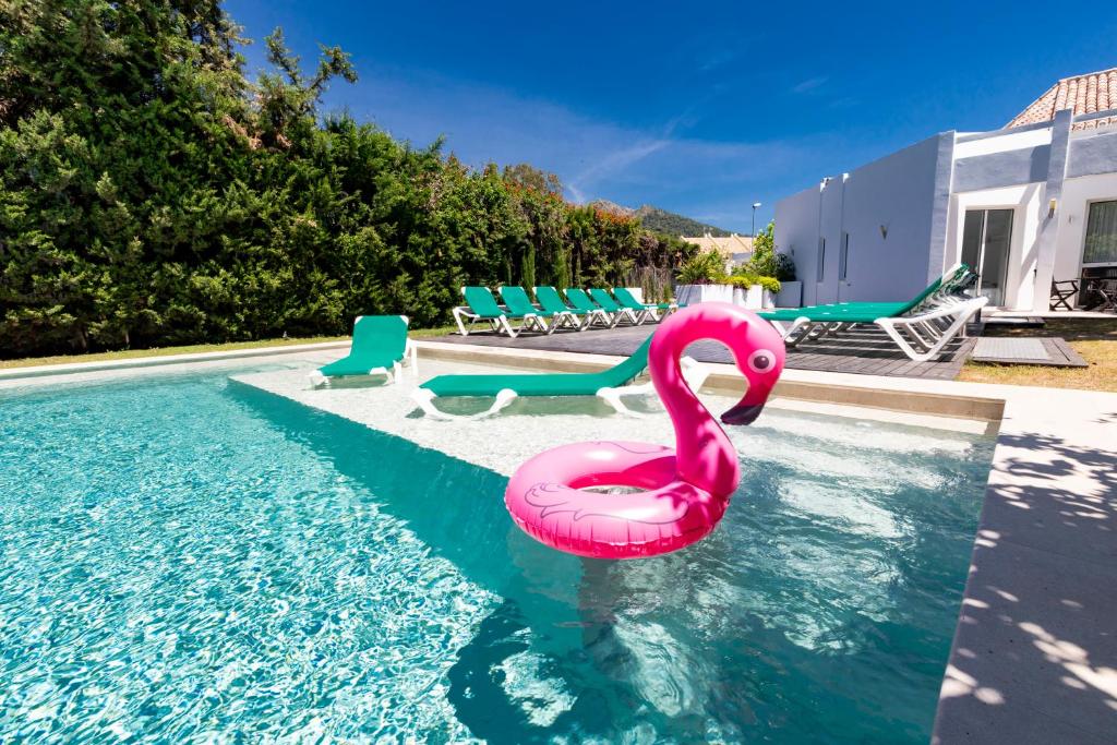 a pink flamingo in the water in a swimming pool at Villa Flamingos Marbella in Marbella