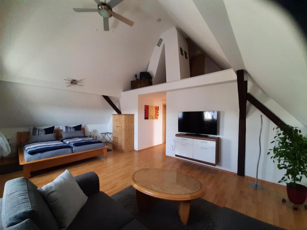 a living room with a couch and a tv at Binder's Ferienapartments zur Altmühl in Herrieden