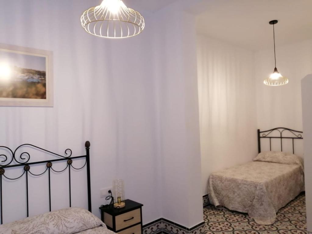 1 dormitorio con 2 camas y lámpara de araña en Tío Genaro, en Cumbres de San Bartolomé